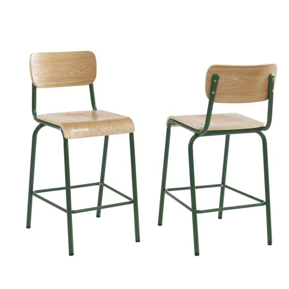 Lot 2 chaises de bar PANTONE vert olive et placage frêne pieds métal