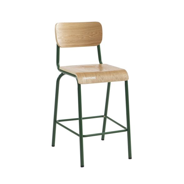 Lot 2 chaises de bar PANTONE vert olive et placage frêne pieds métal