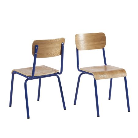 Lot de 2 chaises PANTONE bleu électrique et placage frêne pieds métal