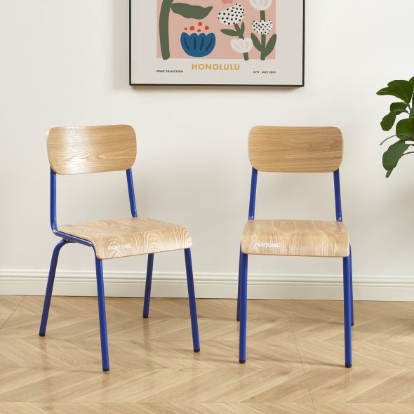 Lot de 2 chaises PANTONE bleu électrique et placage frêne pieds métal