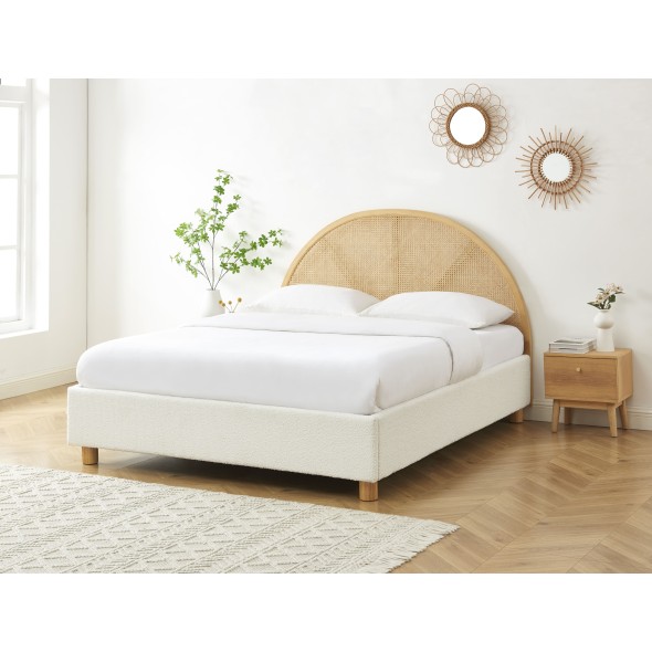 Lit coffre TSUKI bouclette écru et cannage sommier 160x200 inclus
