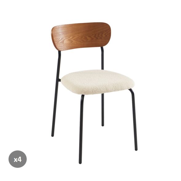 Lot de 4 chaises FRIDA tissu bouclette écru pieds métal noir Lot de 4 chaises FRIDA tissu bouclette écru pieds métal noir