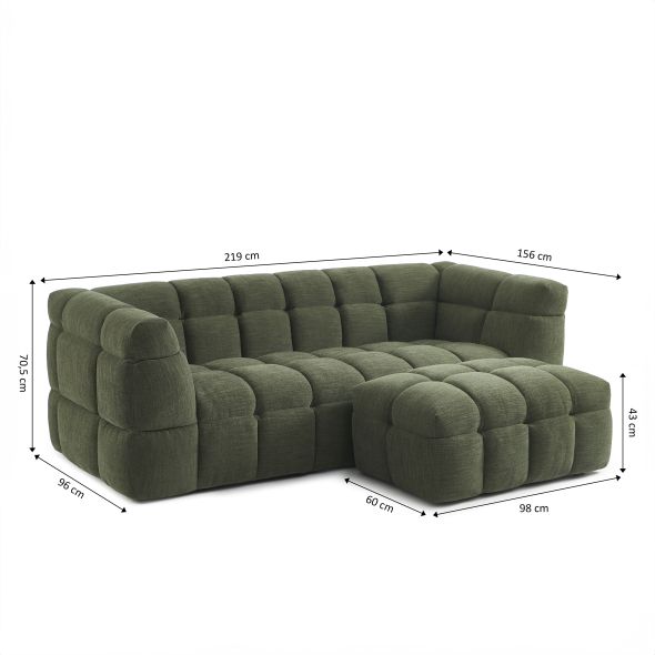 Ensemble canapé droit 3 places + pouf MOODY tissu lin vert