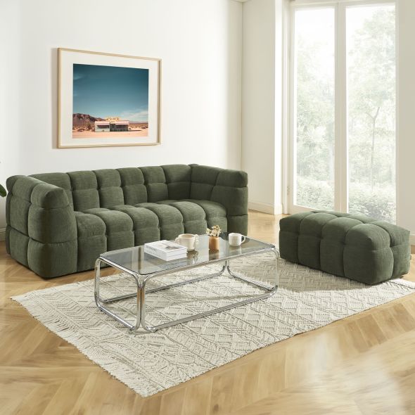 Ensemble canapé droit 3 places + pouf MOODY tissu lin vert