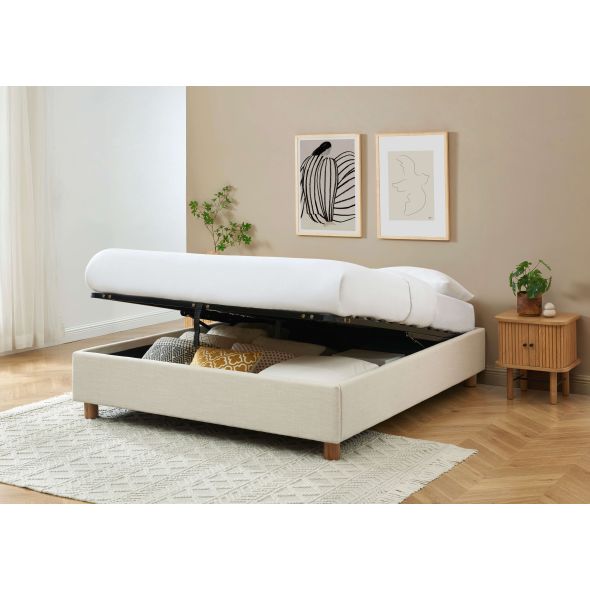 Lit coffre KORALL 160x200 tissu beige lin sommier inclus