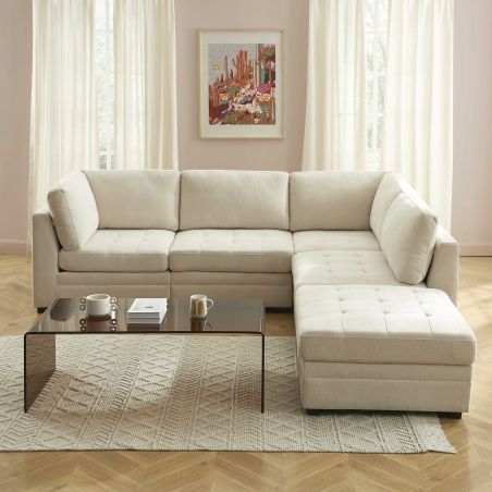 Canapé d'angle modulable 5 pièces BILLIE tissu chenille beige