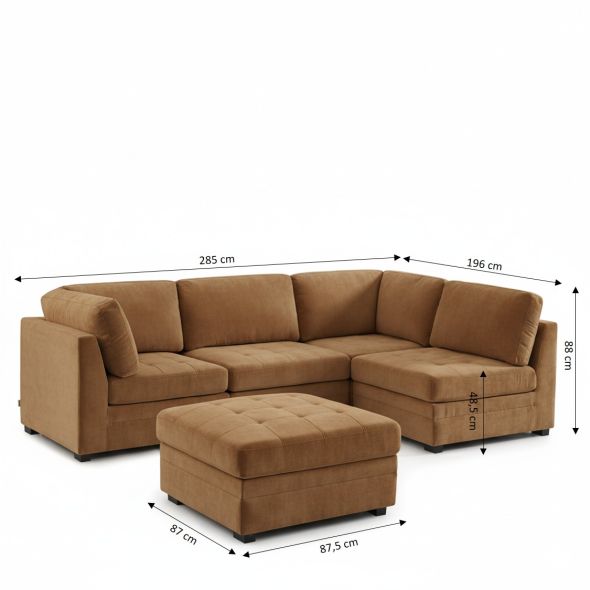 Canapé d'angle modulable 5 pièces BILLIE tissu chenille écureuil