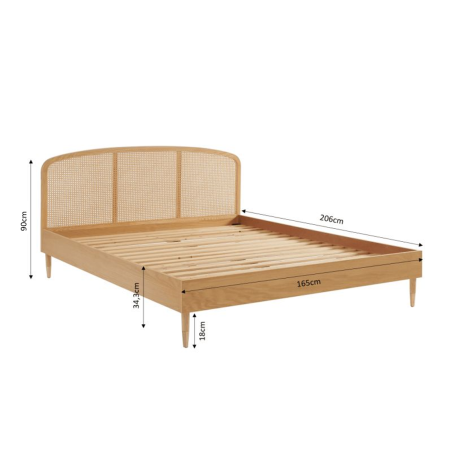 Lit LEON placage chêne et cannage rotin 160x200 sommier inclus