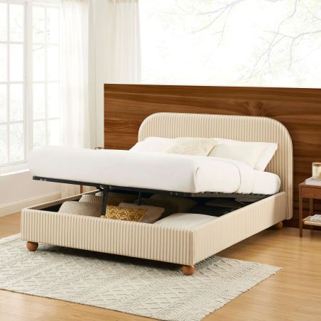 Lit coffre PILKA tissu rayé beige et écru 160x200 sommier inclus