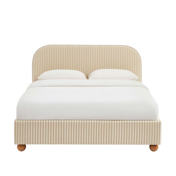 Lit coffre PILKA tissu rayé beige et écru 160x200 sommier inclus