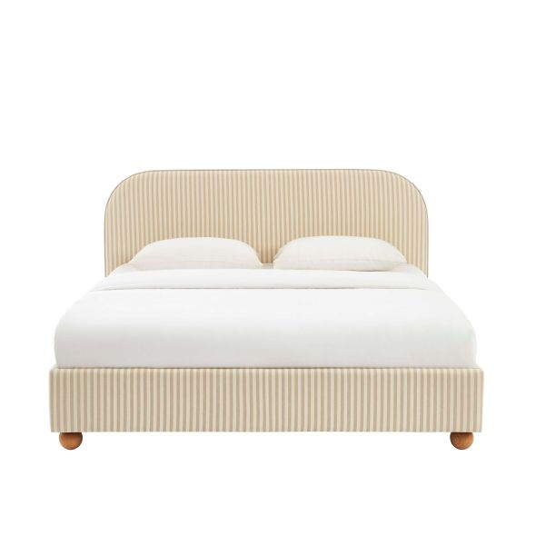 Lit coffre PILKA 180x200 tissu rayé beige et écru sommier inclus