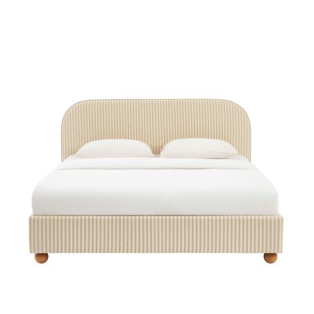 Lit coffre PILKA 180x200 tissu rayé beige et écru sommier inclus