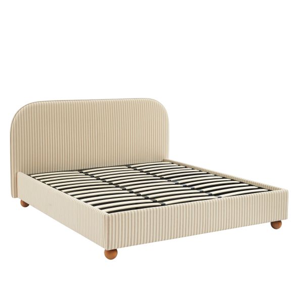 Lit coffre PILKA 180x200 tissu rayé beige et écru sommier inclus