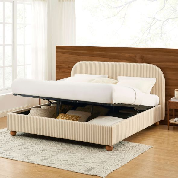 Lit coffre PILKA 180x200 tissu rayé beige et écru sommier inclus