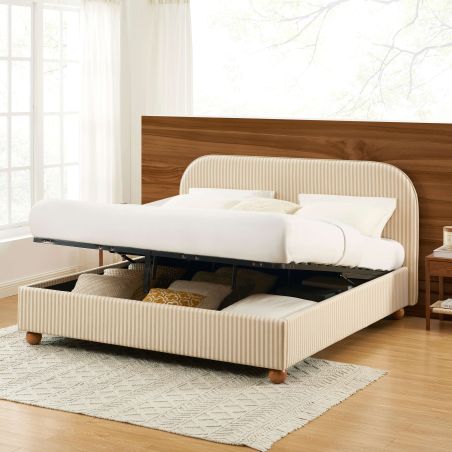Lit coffre PILKA 180x200 tissu rayé beige et écru sommier inclus