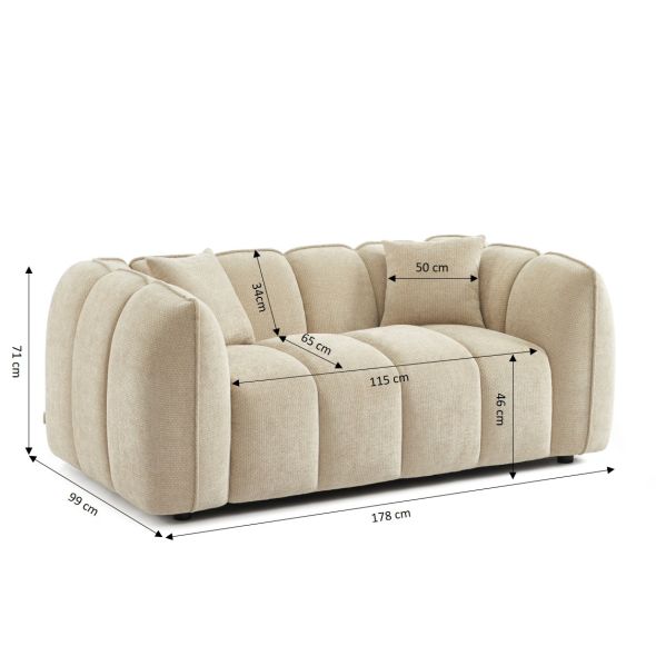 Canapé droit MATILDA 2 places tissu chenille beige