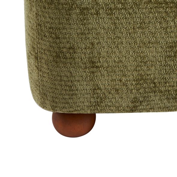 Fauteuil JUDY tissu chenille vert pieds boules teintés noyer