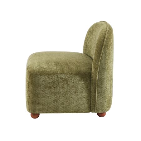 Fauteuil JUDY tissu chenille vert pieds boules teintés noyer