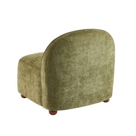 Fauteuil JUDY tissu chenille vert pieds boules teintés noyer