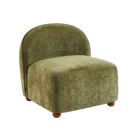 Fauteuil JUDY tissu chenille vert pieds boules teintés noyer