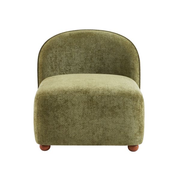 Fauteuil JUDY tissu chenille vert pieds boules teintés noyer