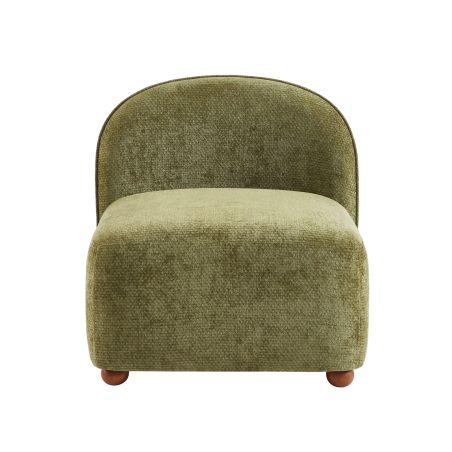Fauteuil JUDY tissu chenille vert pieds boules teintés noyer