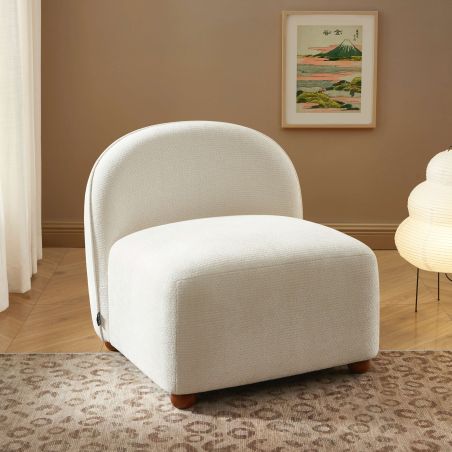 Fauteuil JUDY tissu chenille écru pieds boules teintés noyer