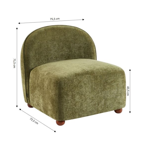 Fauteuil JUDY tissu chenille vert pieds boules teintés noyer