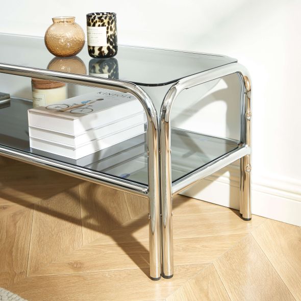 Meuble TV MAGGY verre trempé noir et structure en chrome 160cm