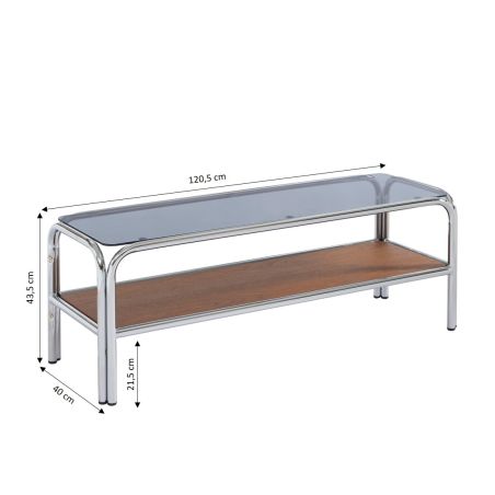 Meuble TV MAGGY verre trempé placage noyer structure en chrome