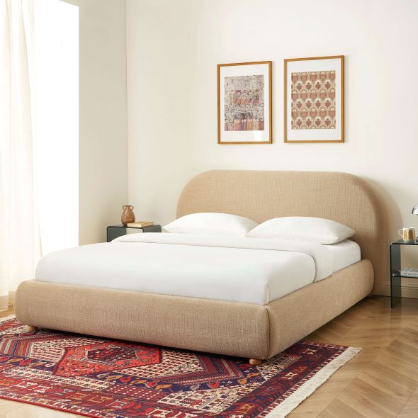 Lit coffre JELLY 160x200 tissu bouclette beige sommier inclus