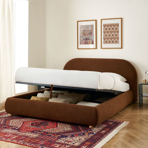 Lit coffre JELLY 160x200 tissu bouclette marron sommier inclus