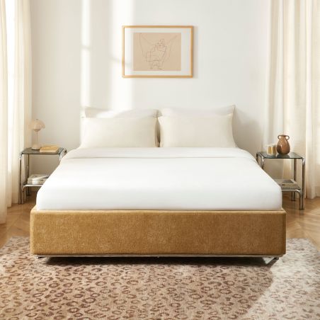 Lit coffre MAGGY 160x200 tissu chenille marron sommier inclus