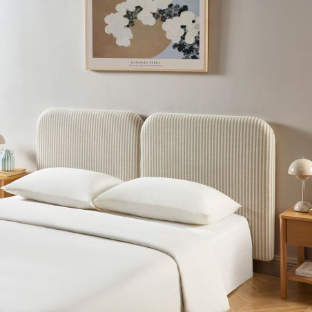 Tête de lit LOUISON tissu lin rayé blanc et beige 160cm