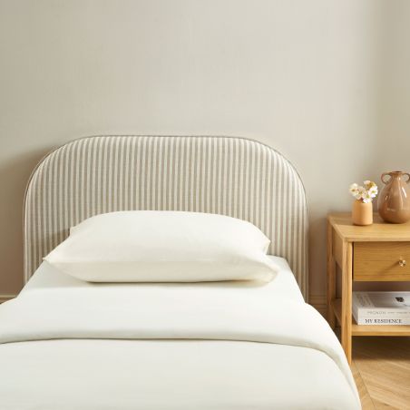 Tête de lit LOUISON tissu lin rayé blanc et beige 90 cm