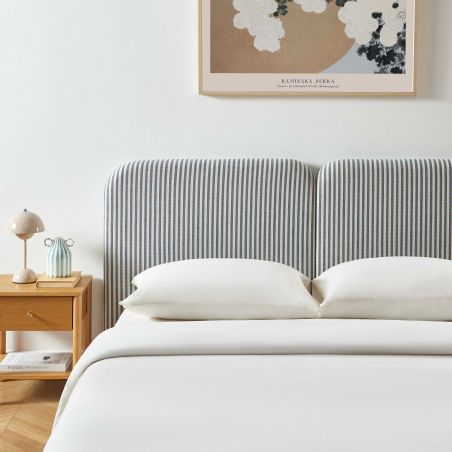 Tête de lit LOUISON tissu lin rayé blanc et bleu 160cm