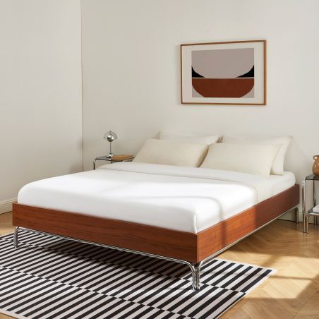 Lit MAGGY 160x200 placage noyer et pieds métal chromé sommier inclus