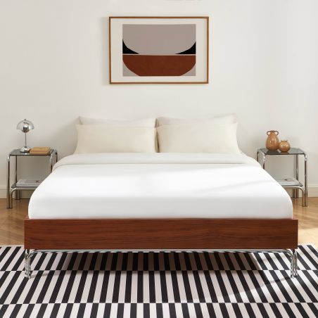 Lit MAGGY 160x200 placage noyer et pieds métal chromé sommier inclus