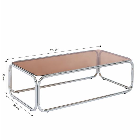 Table basse MAGGY verre trempé orange foncé structure en chrome