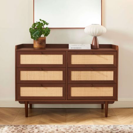 Commode LEON noyer et cannage 6 tiroirs 120cm