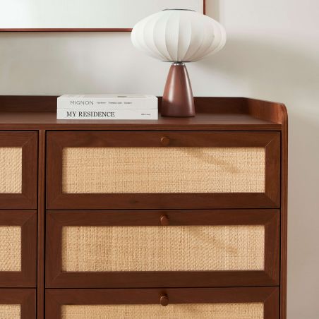 Commode LEON noyer et cannage 6 tiroirs 120cm