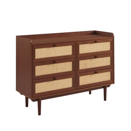 Commode LEON noyer et cannage 6 tiroirs 120cm