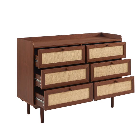 Commode LEON noyer et cannage 6 tiroirs 120cm