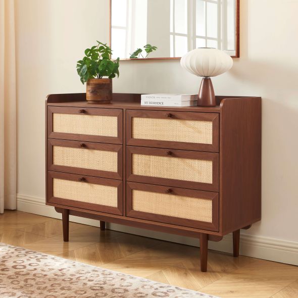 Commode LEON noyer et cannage 6 tiroirs 120cm