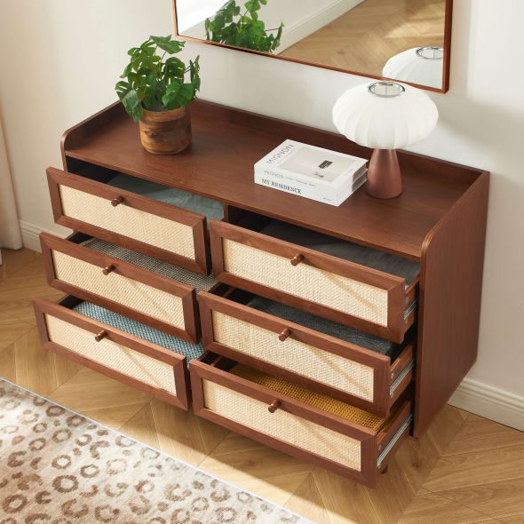 Commode LEON noyer et cannage 6 tiroirs 120cm