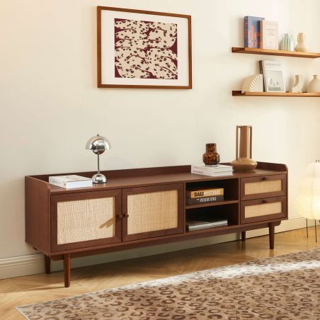 Meuble TV LEON noyer et cannage 180cm