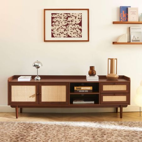 Meuble TV LEON noyer et cannage 180cm