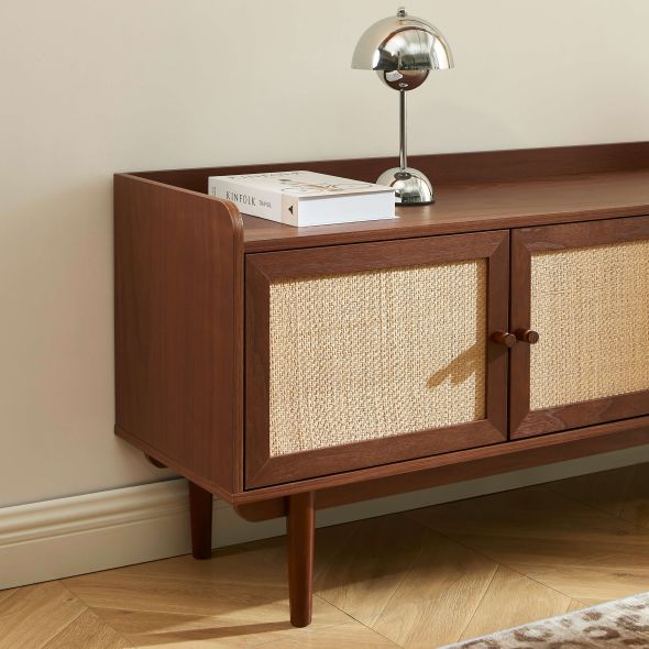 Meuble TV LEON noyer et cannage 180cm