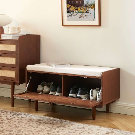 Banc à chaussures LEON noyer et cannage