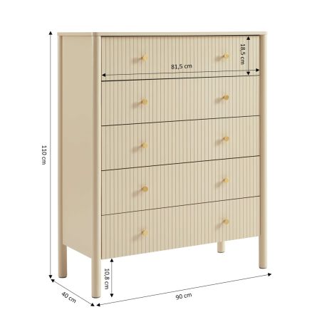 Commode CLEO laqué beige 5 tiroirs 90cm